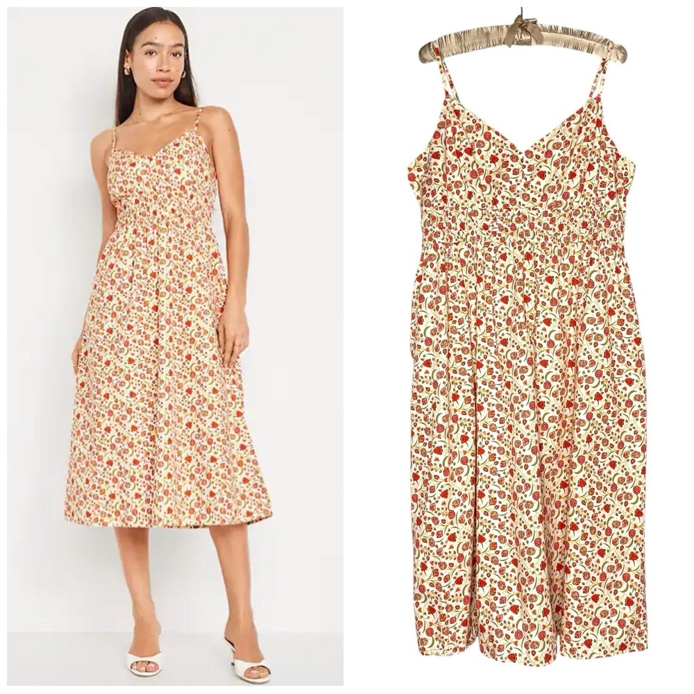 Old Navy XXL Waist Defined Midi Dress Pockets Floral 100% Cotton 2X Smocked